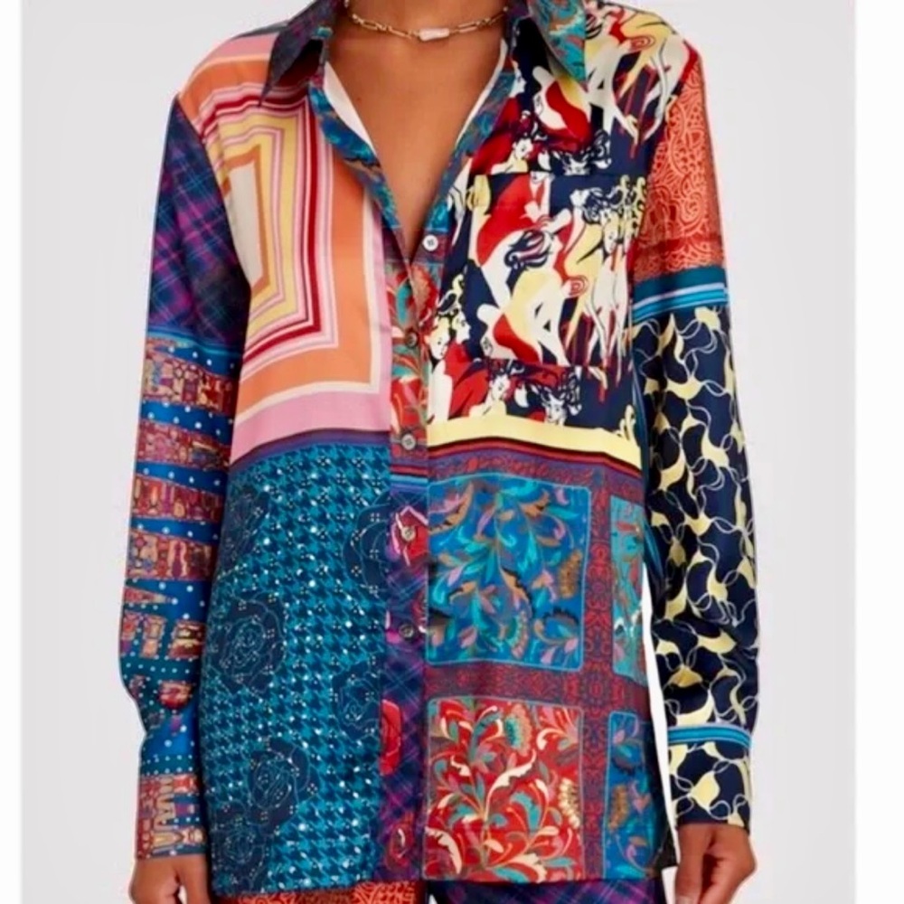 STAUD Like New Martha Patchwork Satin Twill Tunic Blouse Multi